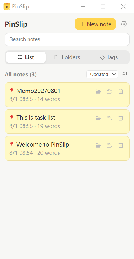 Main window overview: a slim bar docked at the bottom-right of the screen, with a search box at the top and three note-view tabs in the middle