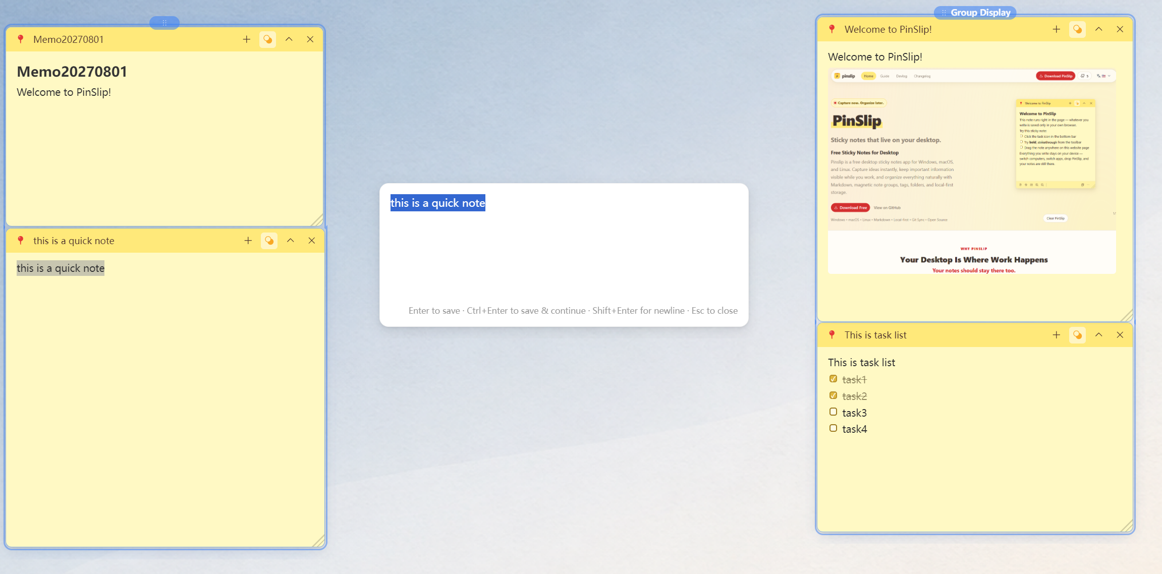 Quick Capture floating window: a small borderless yellow-themed note near the top center of the cursor's screen, always on top