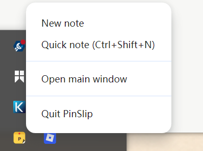 System tray icon: left-click toggles the main window; right-click opens a menu