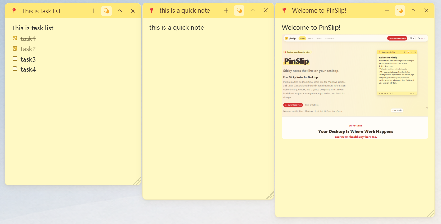 Magnetic alignment screenshot: three pinned notes stacked vertically, aligned, with 2px gaps between them