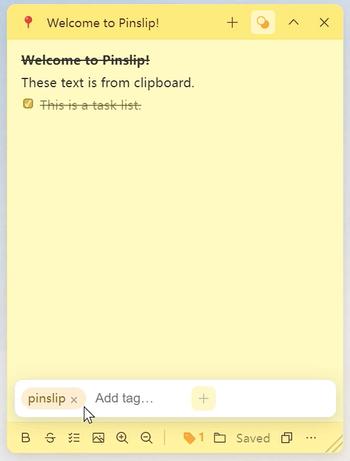 Tag panel: opened from 🏷 in the bottom toolbar, showing existing tags and an input field