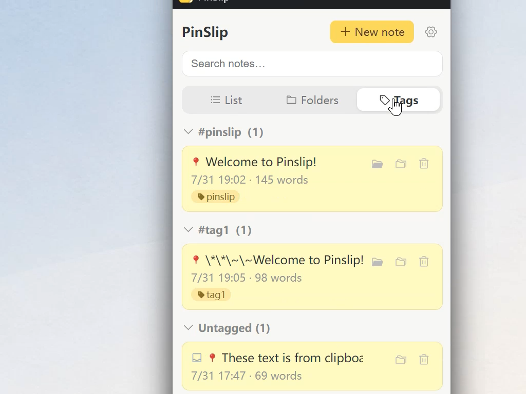 Tag view: notes grouped by tag in the main window, frequently used tags first, untagged notes in the last group