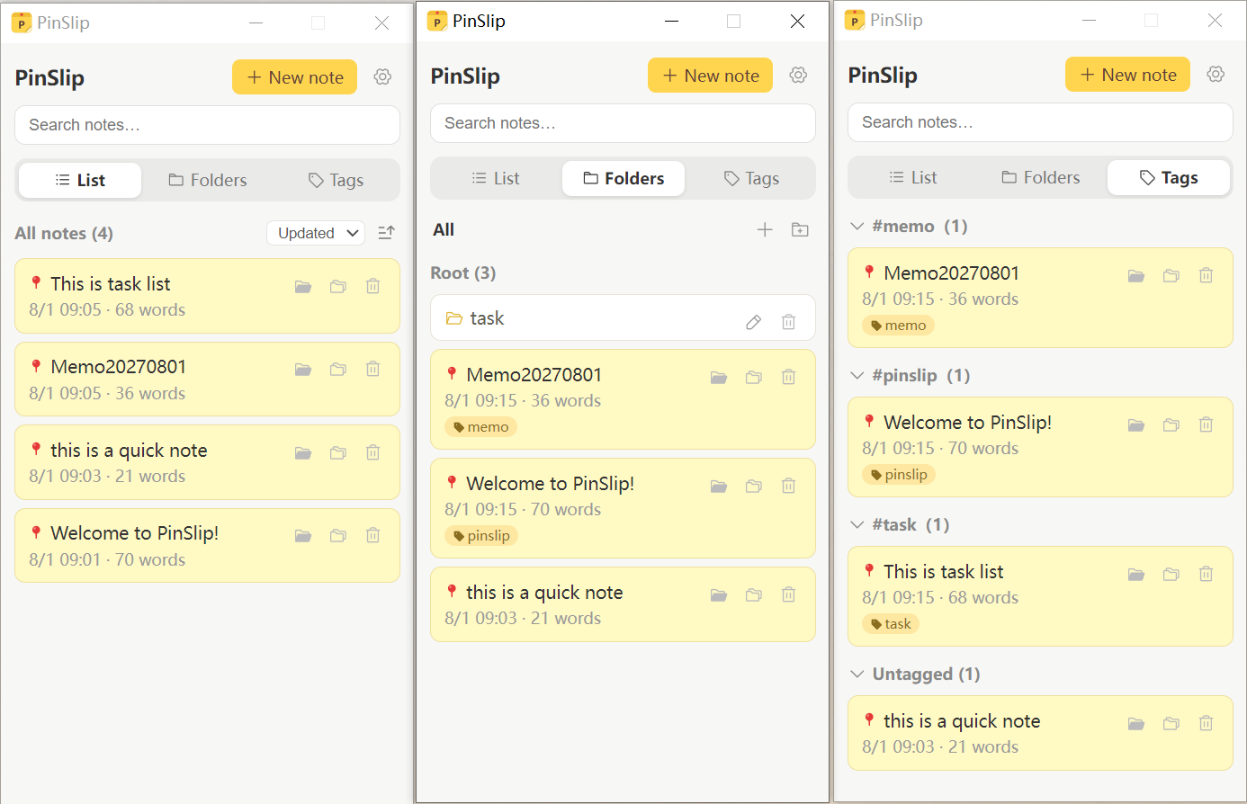 Main window three-tab screenshot: List / Folders / Tags