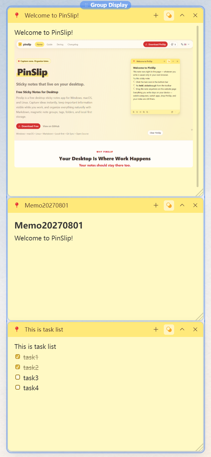 Group overview: three pinned notes stacked into one group, with a highlighted outline and a centered pill-shaped handle at the top