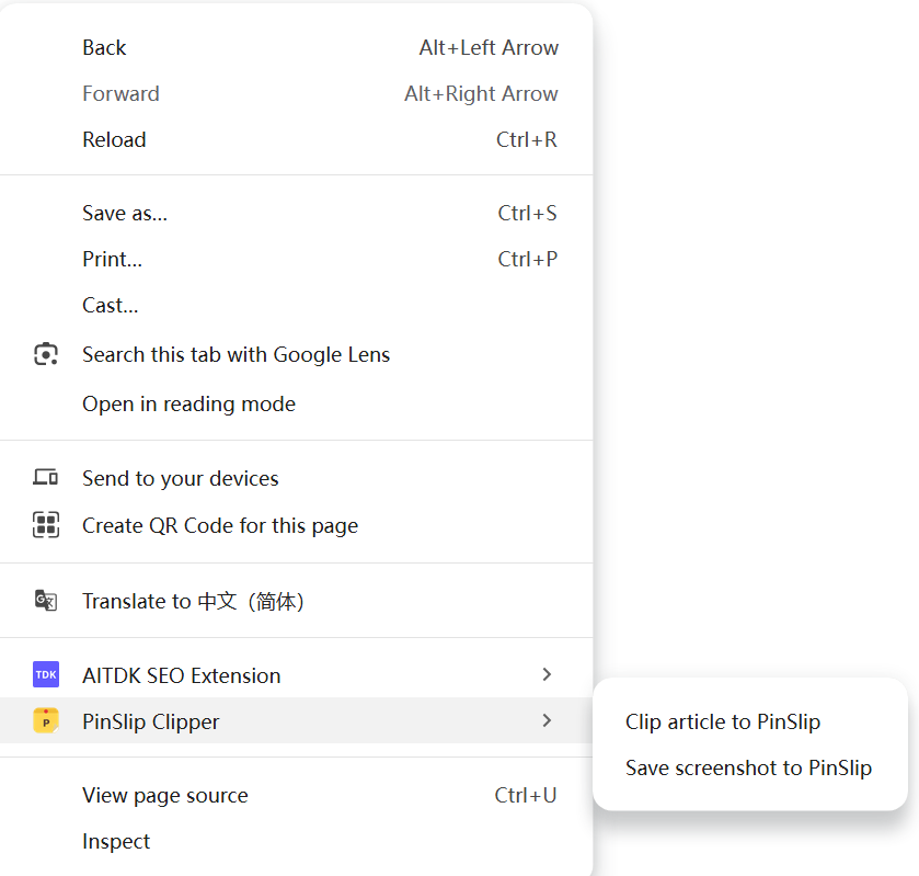 PinSlip options in the browser right-click menu: Save selection / Save link / Clip article / Save page screenshot