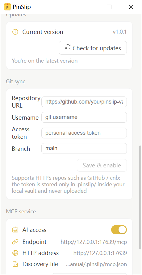 Settings → Git Sync form: repository URL / username / token / branch fields