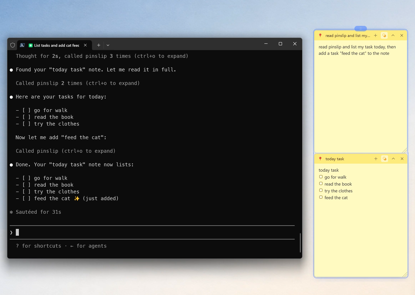 AI writes daily report final result screenshot: terminal conversation + a newly created "Daily Report YYYY-MM-DD" note