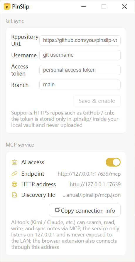 Settings → MCP Service: copy-connection-info button + current port
