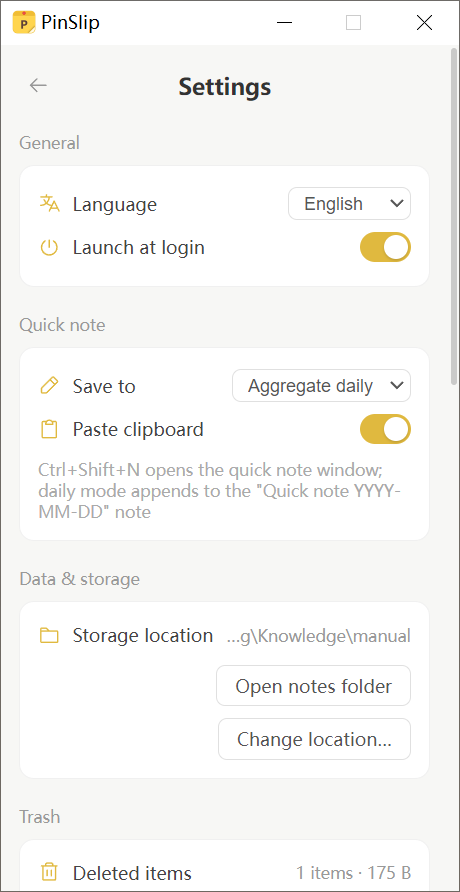 Settings drawer overview: General / Data & Storage / Git Sync / Quick Capture / MCP