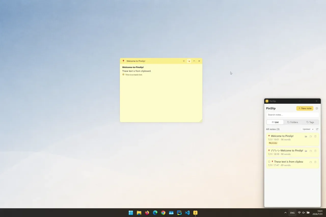 PinSlip sticky notes on a Windows desktop